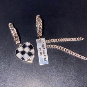 Checker Heart & Bar Hoop Saint Laurent 925K Sterling Silver Earrings Good used